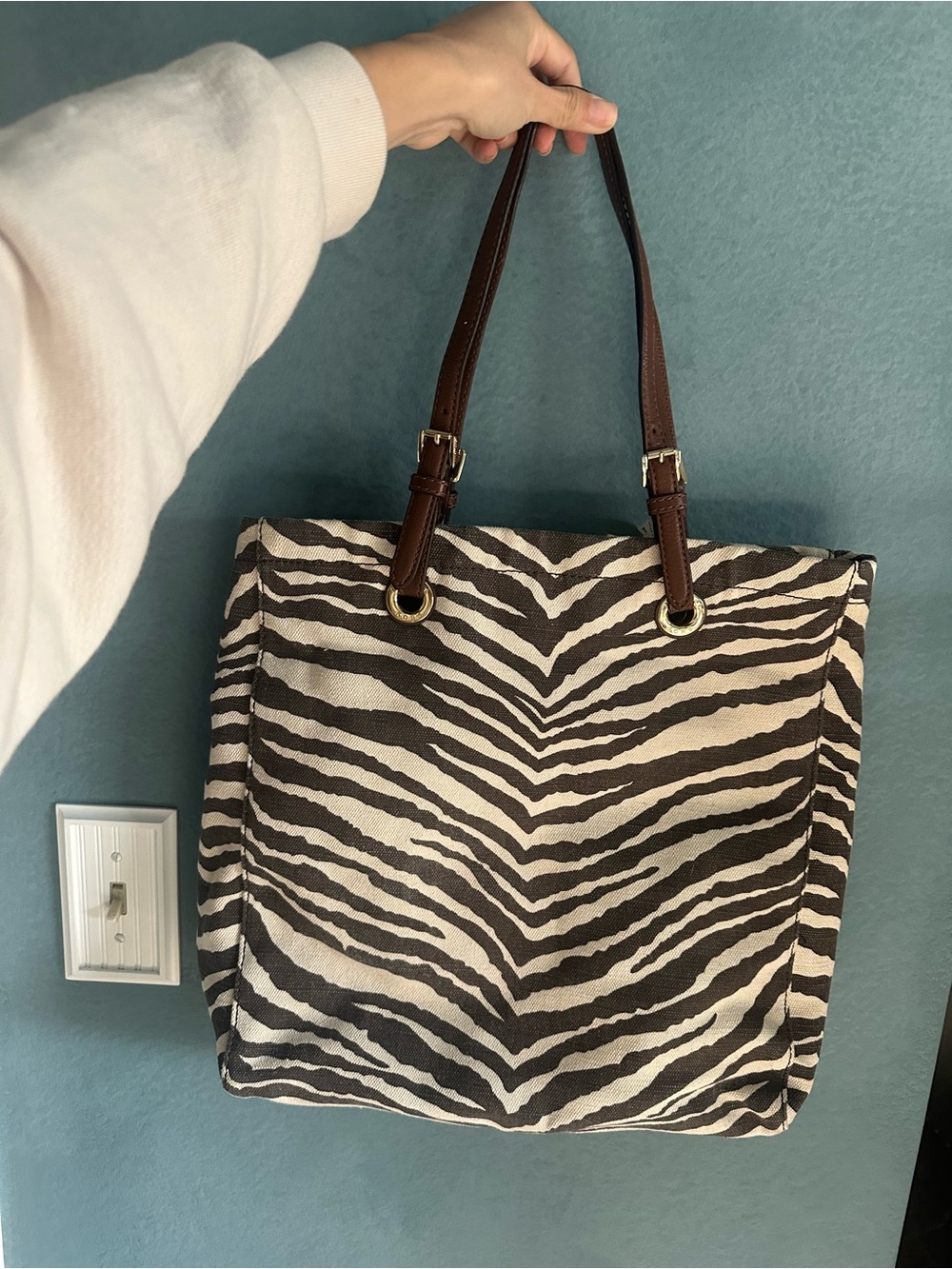Michael Kors Canvas Zebra-Print Tote Bag with Brown Leather Straps